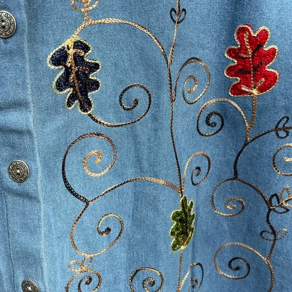 90s Adrian Delafield Embroidered Denim Button-Up Shirt Blouse Leaves Fall Fairy - Picture 11 of 14